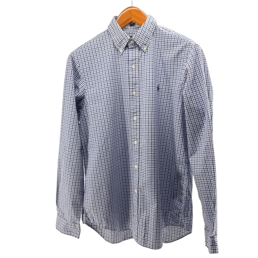 Ralph Lauren Mens Gingham Button Down Shirt Blue‎ White Cotton Long Sleeve M